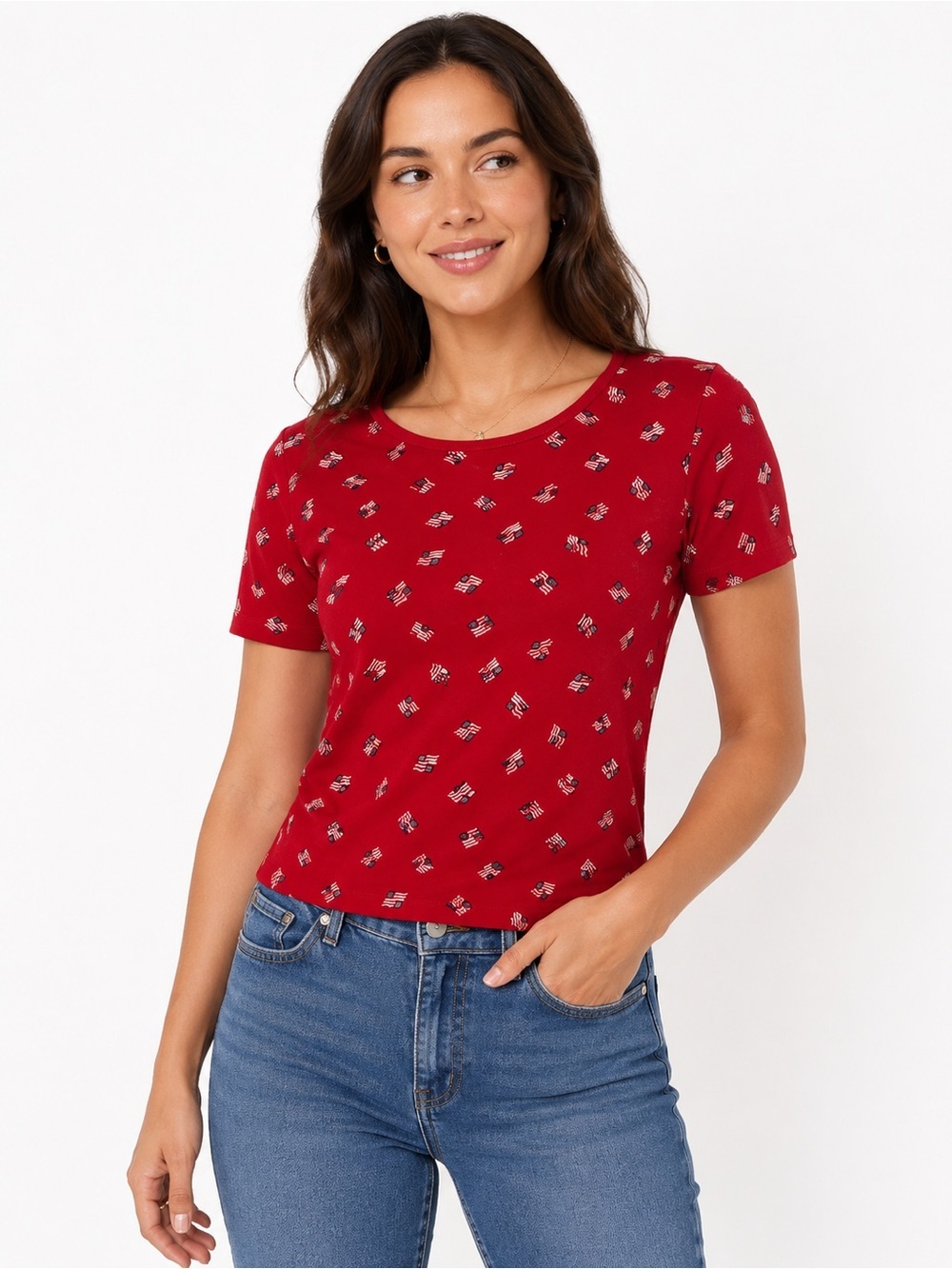 Karen Scott Red Short-Sleeve Tee with White Flag Motif XL